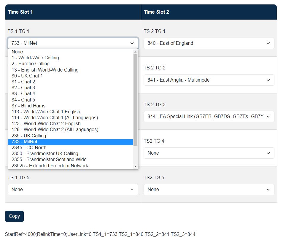 DVSPH DMR Options Page with Talkgroup selection